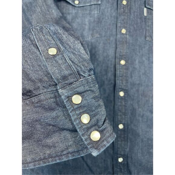 Carhartt Denim Western Shirt Men 3XL Tall Blue Pearl Snap Workwear Cowboy Core - Picture 2 of 8